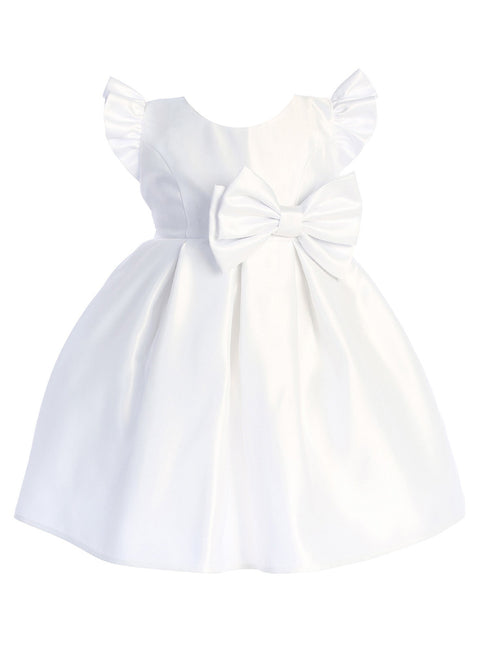 Baby Girls White Flutter Sleeve Pleated Satin Flower Girl Dress 6-24 Months - SophiasStyle.com