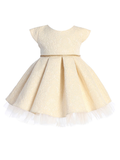 Baby Girls Ivory Pleated Jacquard Cap Sleeve Tulle Flower Girl Dress 6-24 Months - SophiasStyle.com