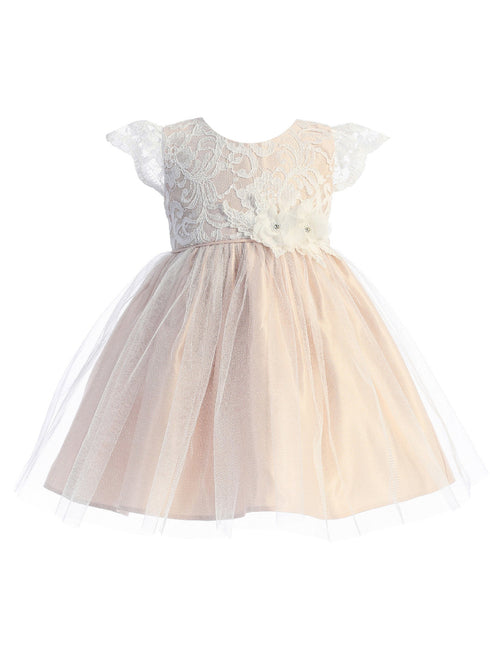 Baby Girls Blush Floral Patch Waist Lace Flower Girl Dress 6-24 Months - SophiasStyle.com