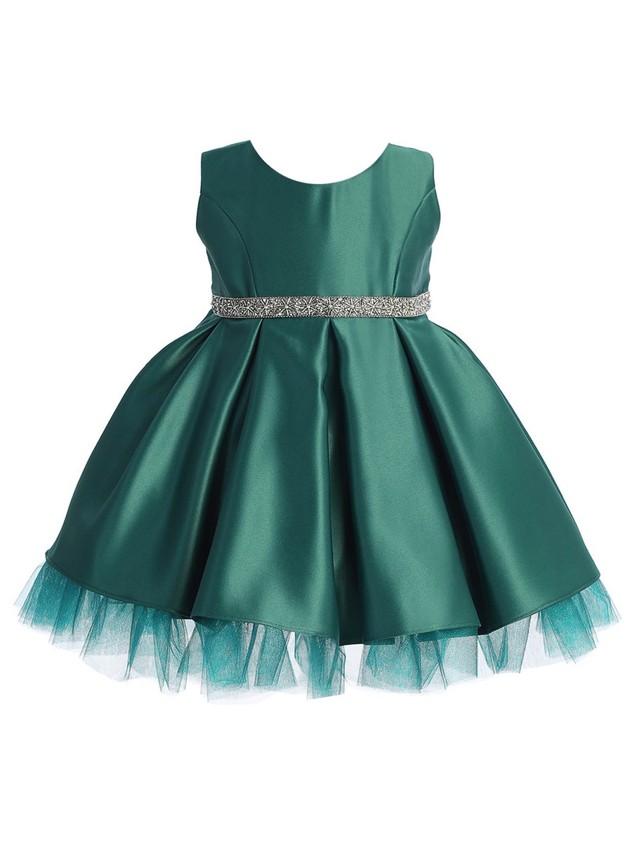 Baby Girls Satin Dress with Pleated Skirt, Crystal Tulle Hem and Rhinestone Waist Trim, Sizes 6-24Months, L / Hunter Green