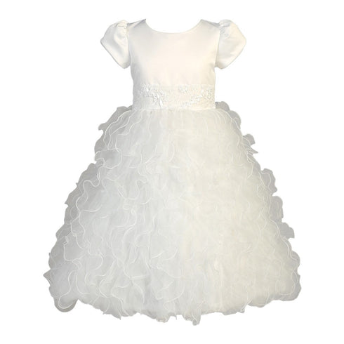 Lito Big Girls White Satin Ruffle Organza Sequin Tea Length Communion Dress 5-7 - SophiasStyle.com