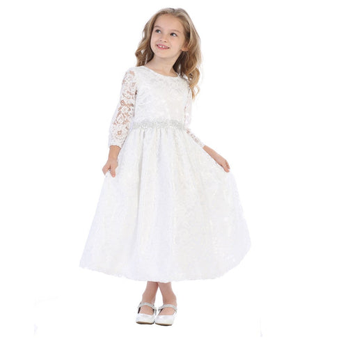 Girls White Silver Corded Floral Trim Lace Flower Girl Communion Dress 5-12 - SophiasStyle.com