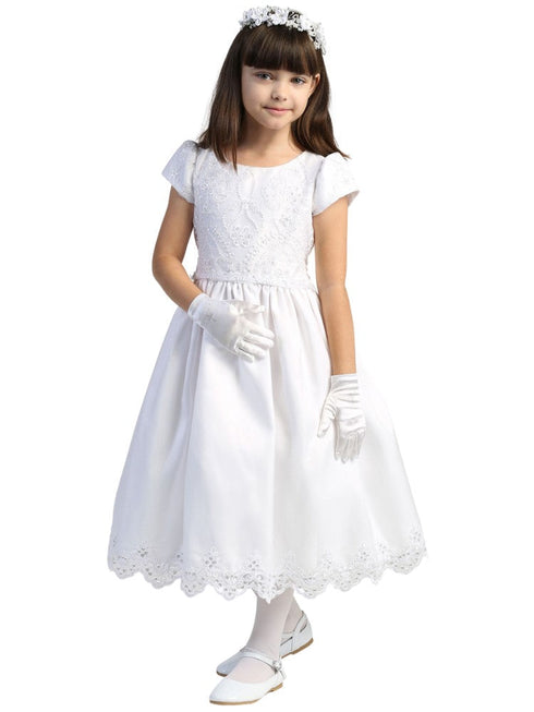 Big Girls White Short Sleeve Embroidered Lace Communion Dress 6-12 - SophiasStyle.com