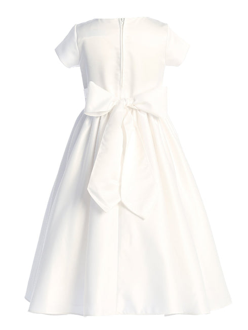 Girls White Satin Silver Corded Trim Waist Plus Size Communion Dress 10.5-20.5 - SophiasStyle.com