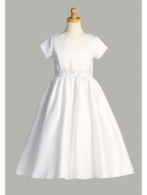 Girls White Satin Silver Corded Trim Waist Plus Size Communion Dress 10.5-20.5 - SophiasStyle.com