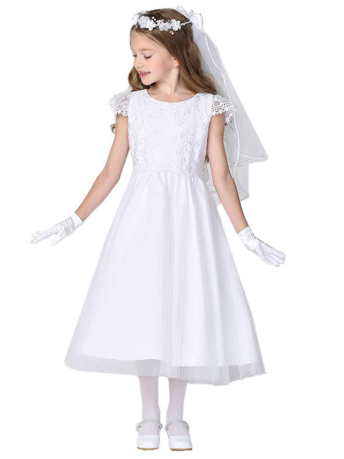 Lito Girls White Embroidered Bodice Tulle Skirt Communion Dress 6-12 - SophiasStyle.com
