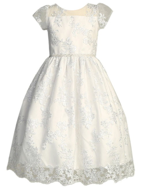 Lito Girls White Illusion Neckline Corded Embroidered Communion Dress 6-12 - SophiasStyle.com