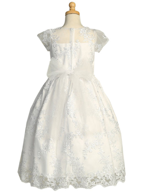 Lito Girls White Illusion Neckline Corded Embroidered Communion Dress 6-12 - SophiasStyle.com