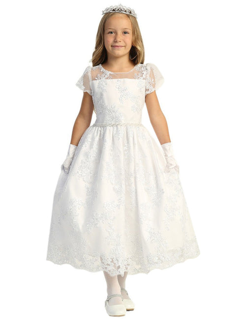 Lito Girls White Illusion Neckline Corded Embroidered Communion Dress 6-12 - SophiasStyle.com