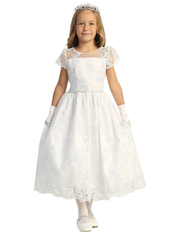 Lito Girls White Illusion Neckline Corded Embroidered Communion Dress 6-12 - SophiasStyle.com