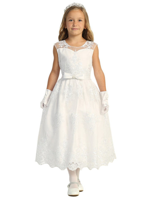 Lito Girls White Illusion Neckline Corded Tulle Bow Communion Dress 6-12 - SophiasStyle.com