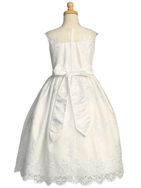 Lito Girls White Illusion Neckline Corded Tulle Bow Communion Dress 6-12 - SophiasStyle.com