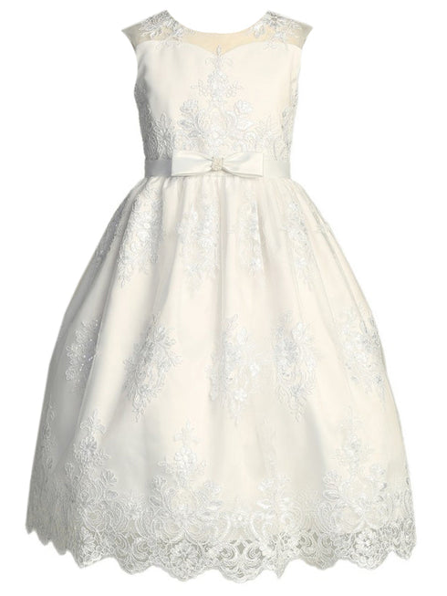 Lito Girls White Illusion Neckline Corded Tulle Bow Communion Dress 6-12 - SophiasStyle.com