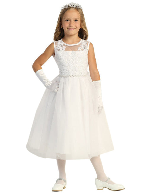 Lito Girls White Corded Tulle Sleeveless Communion Dress 6-12 - SophiasStyle.com