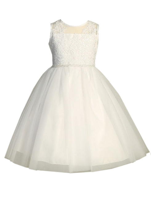 Lito Girls White Corded Tulle Sleeveless Communion Dress 6-12 - SophiasStyle.com