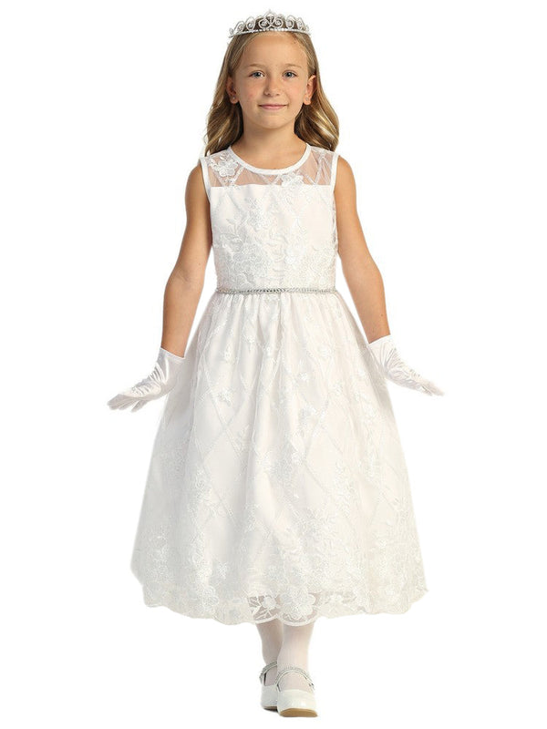 Lito Girls White Diamond Floral Embroidered Tulle Communion Dress 6-12 - SophiasStyle.com