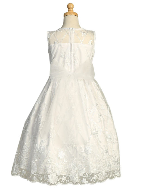 Lito Girls White Diamond Floral Embroidered Tulle Communion Dress 6-12 - SophiasStyle.com
