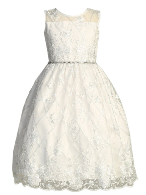 Lito Girls White Diamond Floral Embroidered Tulle Communion Dress 6-12 - SophiasStyle.com