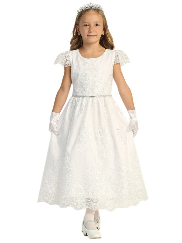 Lito Girls White Corded Embroidered Tulle Communion Dress 6-12 - SophiasStyle.com