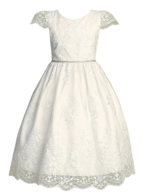 Lito Girls White Corded Embroidered Tulle Communion Dress 6-12 - SophiasStyle.com