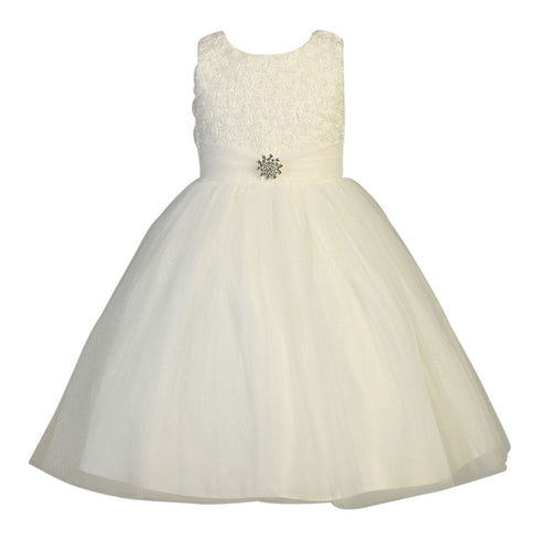 Little Girls Ivory Organza Floral Pearl Tulle Flower Girl Dress 2T-6 - SophiasStyle.com