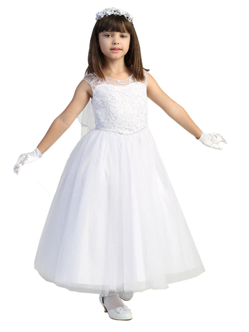 Lito Little Girls White Glitter Tulle Embroidered Bodice Communion Dress 6 - SophiasStyle.com