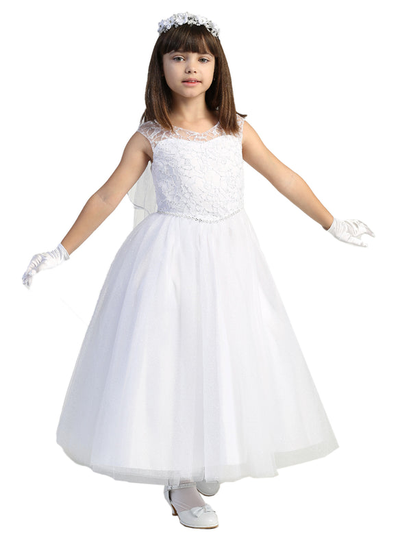 Lito Little Girls White Glitter Tulle Embroidered Bodice Communion Dress 6 - SophiasStyle.com