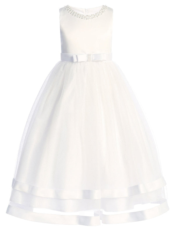 Girls White Pearl Neckline Glitter Tulle Plus Size Communion Dress 10.5-20.5 - SophiasStyle.com