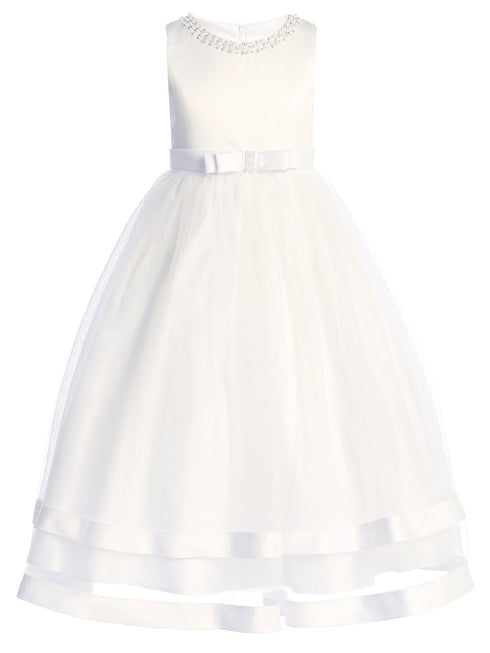 Lito Girls White Pearl Neckline Glitter Tulle Communion Dress 6-12 - SophiasStyle.com