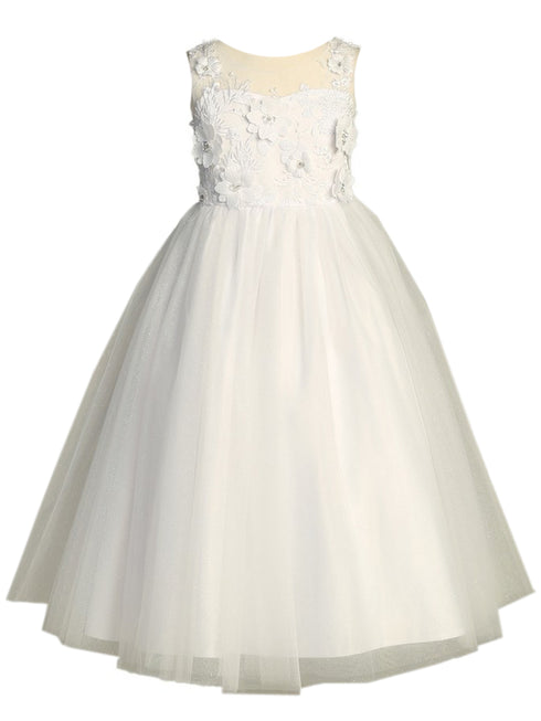 Lito Girls White Embroidered Tulle 3D Flowers Communion Dress 6-14 - SophiasStyle.com