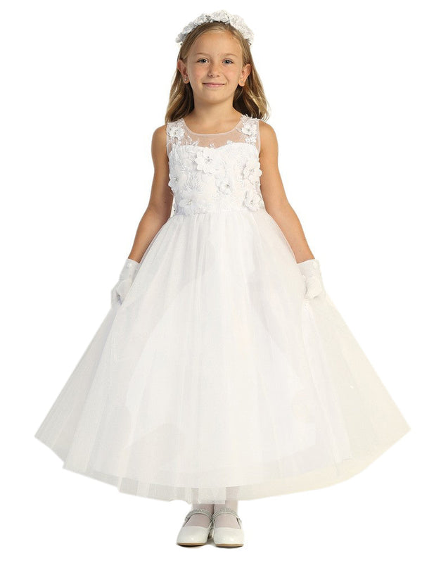 Lito Girls White Embroidered Tulle 3D Flowers Communion Dress 6-14 - SophiasStyle.com