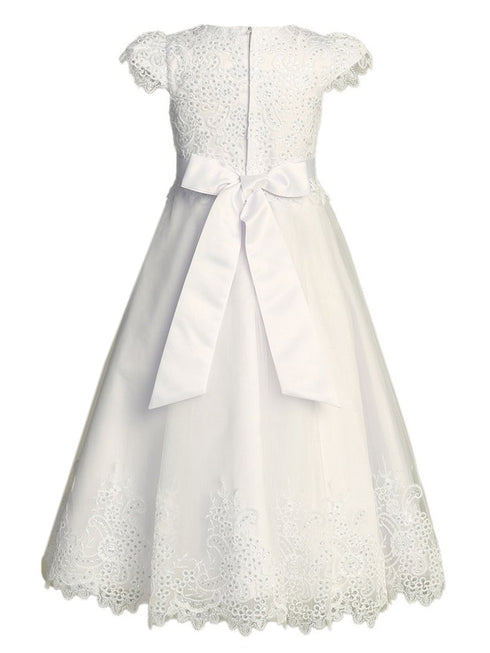 Lito Girls White Embroidered Tulle Cap Sleeve Communion Dress 6-14 - SophiasStyle.com