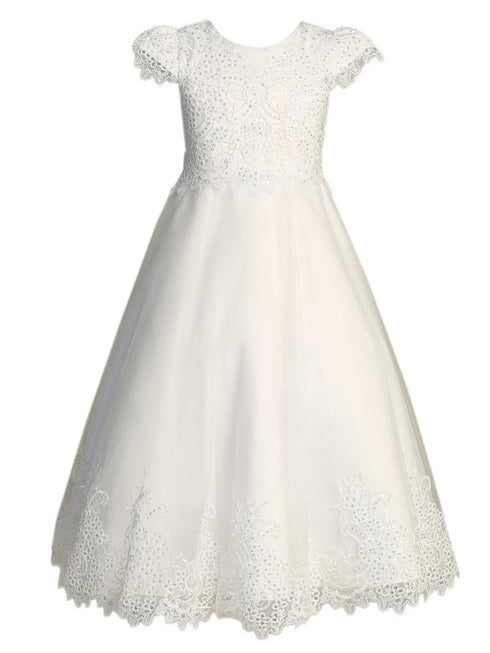 Lito Girls White Embroidered Tulle Cap Sleeve Communion Dress 6-14 - SophiasStyle.com