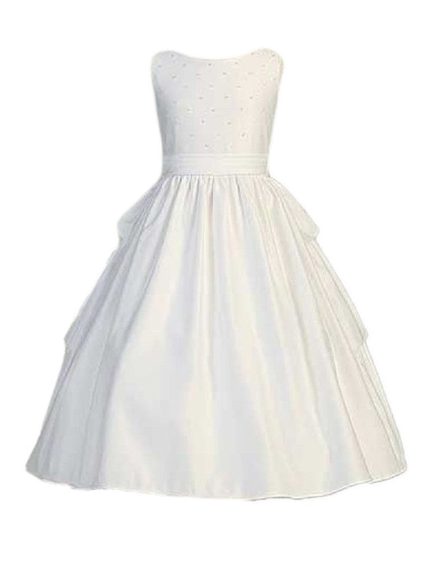 Lito White Satin Pearled Tea Length First Communion Dress Girls 5 - SophiasStyle.com