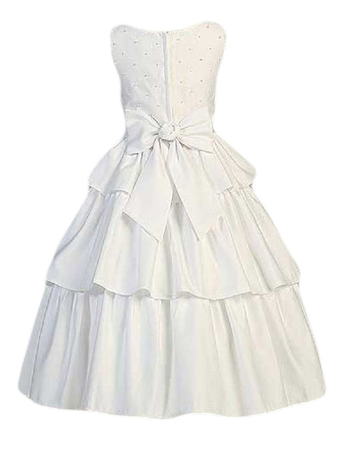 Lito White Satin Pearled Tea Length First Communion Dress Girls 5 - SophiasStyle.com