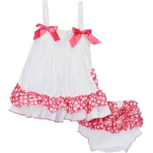 Baby Girls White Pink Polka Dots Bow Ruffles Swing Top Set 9-24M - SophiasStyle.com