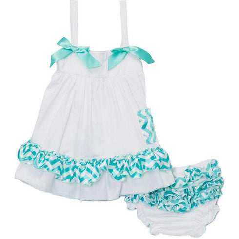 Baby Girls White Green Chevron Bow Ruffles Swing Top Set 9-24M - SophiasStyle.com