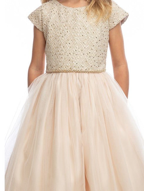 Sweet Kids Big Girls Champagne Jeweled Top Tulle Skirt Christmas Dress 7-16 - SophiasStyle.com
