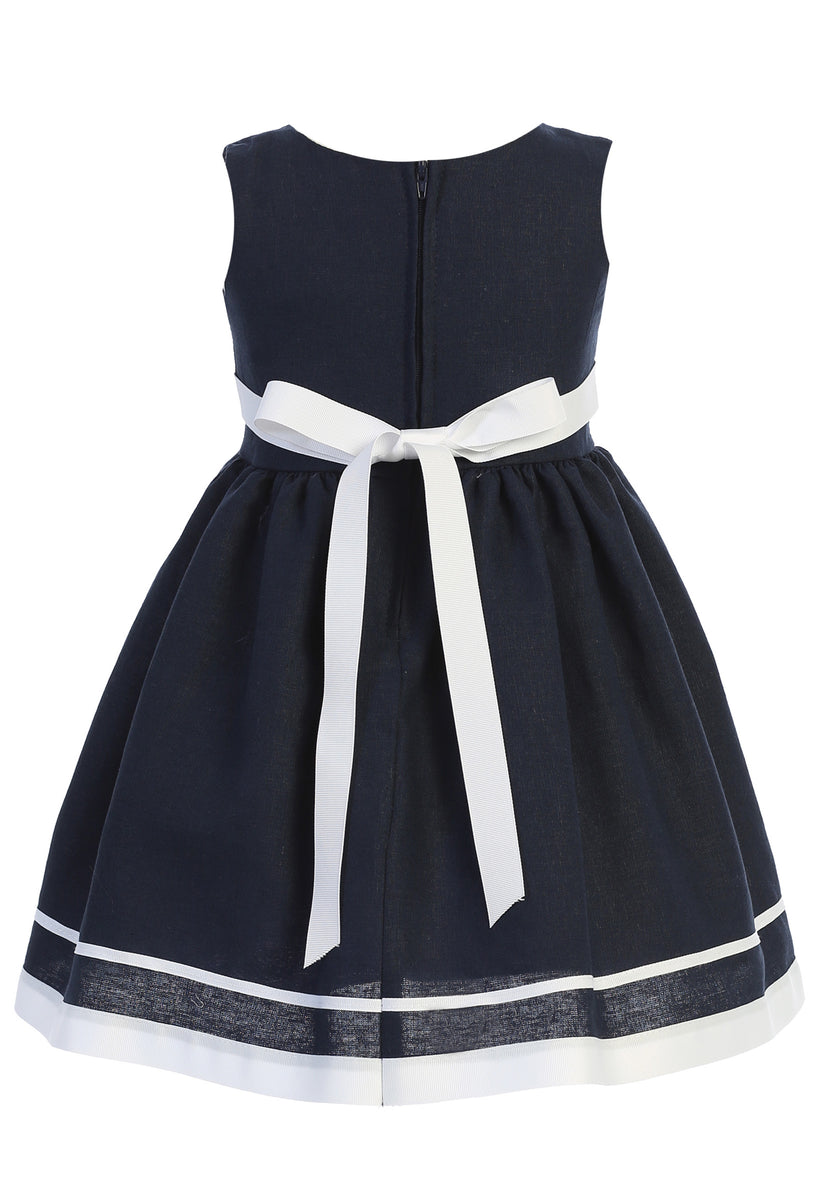Swea Pea & Lilli Little Girls Navy White Bow Rayon Linen Easter Dress 5