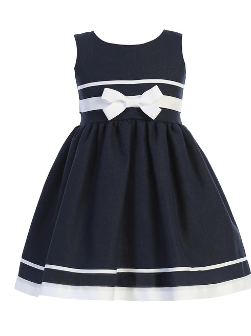 Swea Pea & Lilli Girls Navy White Bow Rayon Linen Sleeveless Easter Dress 2T-7 - SophiasStyle.com