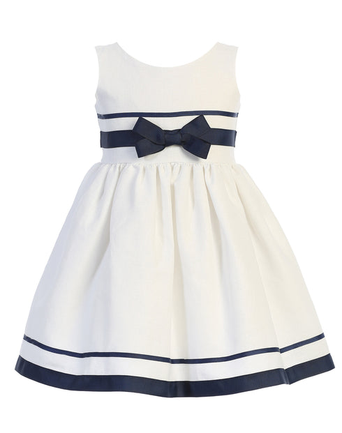 Swea Pea & Lilli Girls White Navy Bow Rayon Linen Sleeveless Easter Dress 2T-7 - SophiasStyle.com
