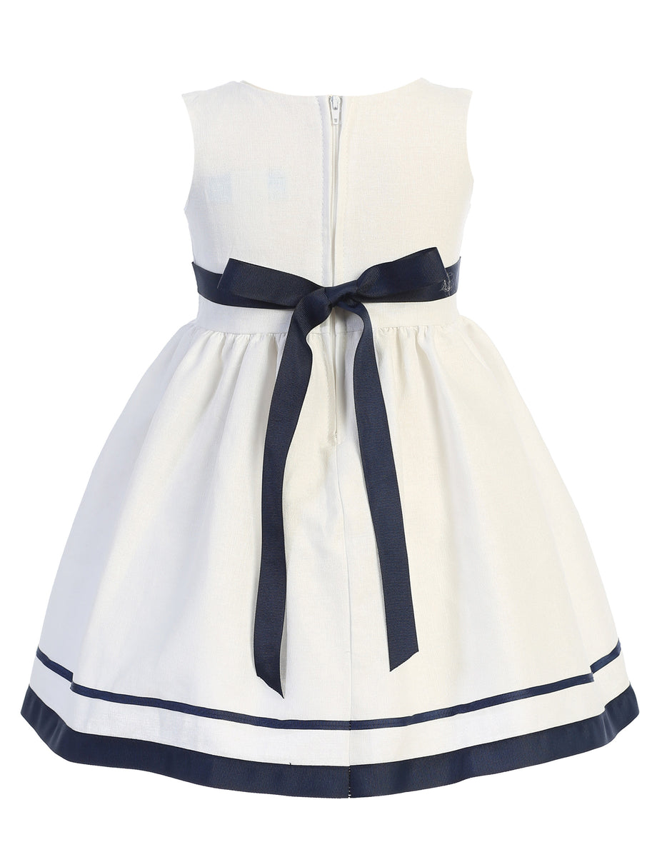 Swea Pea & Lilli Little Girls White Navy Bow Rayon Linen Easter Dress 2T