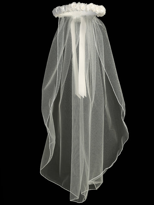 Lito Girls White 30 Inch Organza Flower Satin Ribbon Comb Communion Veil - SophiasStyle.com
