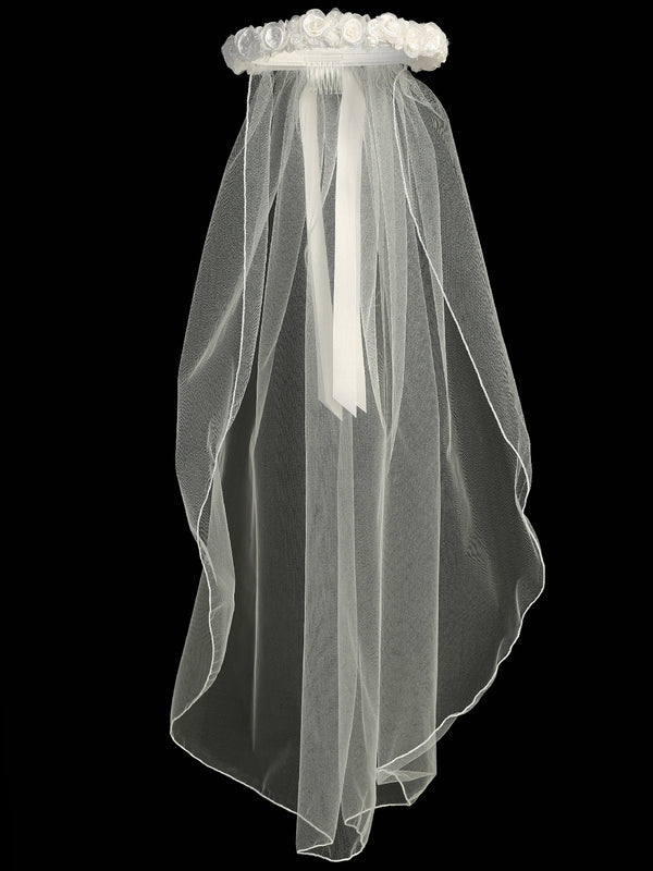 Lito Girls White 30 Inch Organza Flower Satin Ribbon Comb Communion Veil - SophiasStyle.com