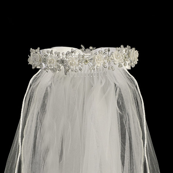 Lito Girls White Satin Flowers Bow Pearls Special Occasion 24" Veil - SophiasStyle.com