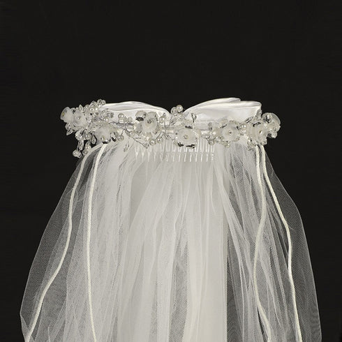 Lito White Organza Flower Rhinestone Crystal Satin Bow Special Occasion 24" Veil - SophiasStyle.com