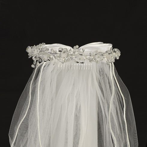 Lito White Organza Flower Rhinestone Crystal Satin Bow Special Occasion 24" Veil - SophiasStyle.com
