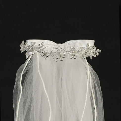 Lito White Organza Flowers Rhinestone Crystal Beads Special Occasion 24" Veil - SophiasStyle.com