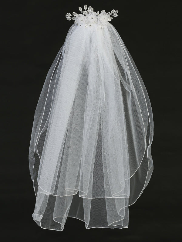 Lito Girls White 24 Inch Rhinestone Pearl Organza Flower Comb Communion Veil - SophiasStyle.com