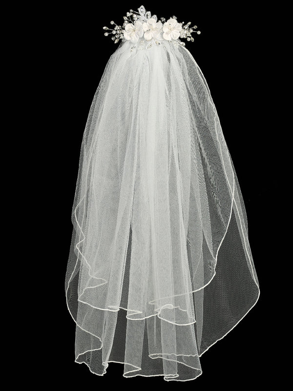 Lito Girls White 24 Inch Rhinestone Pearl Satin Flower Comb Communion Veil - SophiasStyle.com